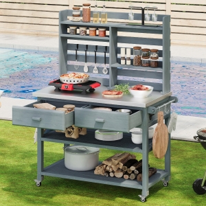 Outdoor Potting Bench Table with 2 Large Drawers, 4 Lockable Wheels, Wooden Kitchen Island with Stainless Steel Top, 52'' L x 22'' W x 65'' H, Grey+Blue