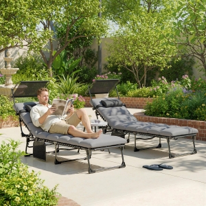 Outsunny Outdoor Chaise Lounge Chairs, 2 PCS Folding Lounge Chairs with Adjustable 5-Position, Cushion, Canopy, Side Pocket