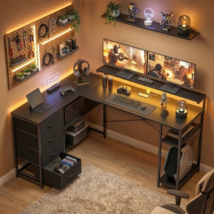 HOMCOM Gaming Desk with Power Outlets LED Lights Computer Desk with Drawers Monitor Stand 61" Black