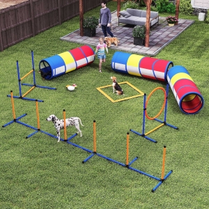 PawHut Dog Agility Training Equipment, 11-Piece Dog Obstacle Course with Adjustable Hurdle & Ring, 3 Tunnels, Weave Poles