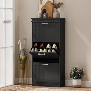 HOMCOM Slim Shoe Cabinet with 3 Flip Drawers and Adjustable Shelves, Narrow Shoe Cabinet for 15 Pairs of Shoes, Black