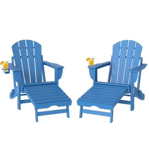 Outsunny Folding Adirondack Chair Set of 2, HDPE Fire Pit Chair with Retractable Ottoman and Cup Holder, Blue