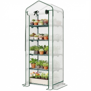 Outsunny Mini Greenhouse with Screen Roof, 5 Tier Portable Small Greenhouse with High Strength PE Cover, White