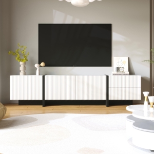 Modern TV Cabinet with Ample Storage and Soft-Close Hinges, Sturdy TV Stand for Living Rooms, 74.5'' L x 14'' W x 17.5'' H, Black+White