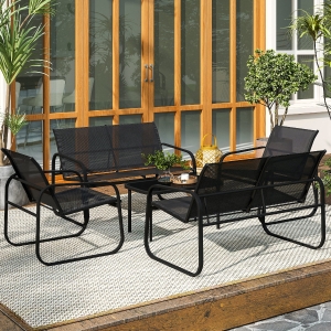 Outsunny 4 Piece Patio Furniture Set, Outdoor Conversation Set with 2 Loveseats, 2 Armchairs, Glass-Top Table, Black