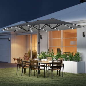 Outsunny 173" Double-Sided Sun Umbrella Garden Parasol Patio Sun Shade Outdoor with LED Solar Light, No Base Included, Dark Gre