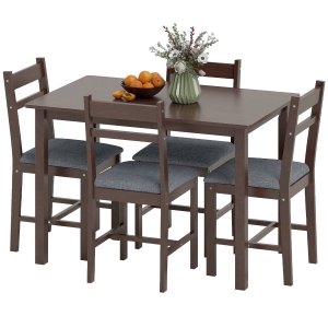 HOMCOM 5-Piece Solid Wood Dining Table Set for 4, Farmhouse Kitchen Table with Upholstered Chairs for Dining Room, Walnut