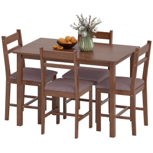 HOMCOM 5-Piece Solid Wood Dining Table Set for 4, Farmhouse Kitchen Table with Upholstered Chairs for Dining Room, Light Brown