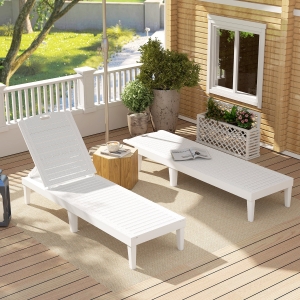 Outsunny Outdoor Lounge Chair Set of 2, Waterproof Resin Lounge Chairs with 4-Position Adjustable Backrest for Backyard, White