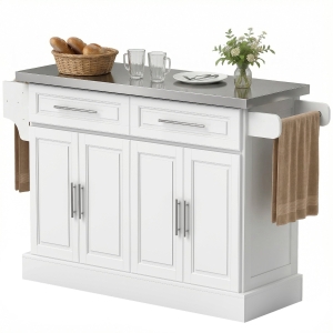 HOMCOM Rolling Kitchen Island Cart with 47" Stainless Steel Top, Portable Island Table for Kitchen with Wheels, Adjustable Shelves, 2 Drawers, Spice, Knife and Towel Rack, White