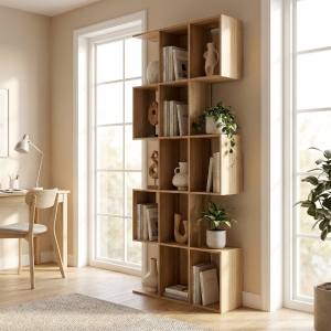 HOMCOM 5-Tier Bookshelf, S Shaped Geometric Bookcase with 15 Compartments, Oak