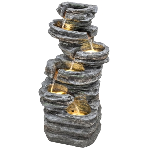 Outsunny 40" Tall Outdoor Waterfall Fountain with LED Lights, 6-Tier Cascading Waterfall Feature, Resin Garden Fountain, Gray