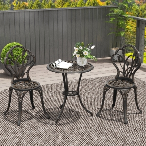 Outsunny 3PCs Patio Bistro Set, Outdoor Cast Aluminum Garden Table and Chairs with Umbrella Hole for Balcony, Bronze