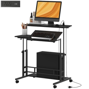 HOMCOM Adjustable Standing Desk with Power Outlets, Stand Up Desk with Tiltable Tabletop, Wheels, Shelf, for Home Office, Black
