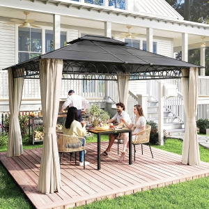 Outsunny 10' x 12' Outdoor Gazebo Canopy, Double Roof Hardtop Gazebo with Polycarbonate Roof, Steel Frame, Nettings and Curtains