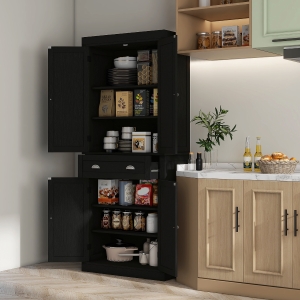 HOMCOM 72" Tall Pantry Cabinet, Kitchen Storage Cabinet with 4 Doors, Drawer and 2 Adjustable Shelves, Black Wood Grain