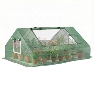 Outsunny 71" x 55" x 32" Mini Greenhouse, Small Green House, Garden Planting Shed, Outdoor Flower Planter Warm House with Zipper Windows, Green