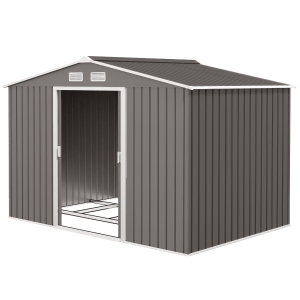 Outsunny 9' x 6' Outdoor Storage Shed, Garden Tool Metal Shed with Foundation Kit, Light Gray