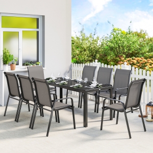 Outsunny 9 Pieces Patio Set with Stackable Chairs, Patio Dining Set with Glass Top for Garden, Patio, Backyard, Dark Grey