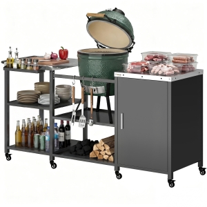 Outsunny Grill Table for Big Green Egg Grill, Heavy Duty Metal BBQ Prep Table with Stainless Steel Top and Storage Cabinet, Black