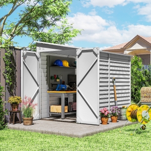 Outsunny 4.6' x 9' Steel Outdoor Storage Shed, Lean to Shed, Metal Tool House with Foundation Kit, Lockable Doors, Gloves and 2 Air Vents for Backyard, Patio, Lawn, White