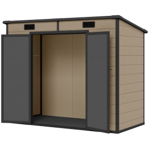 Outsunny 8' x 4' Plastic Outdoor Storage Shed with Floor, Window, Lockable Doors and Vents for Backyard Patio Lawn, Light Brown