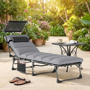 Outsunny Lounge Chair Outdoor, Folding Chaise Lounge with 5-Level Adjustable Back, Cushion, Side Pocket and Headrest