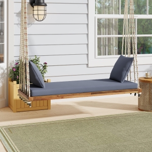Acacia Wood Porch Swing with 10.8 FT Hemp Ropes, Cushion, 2 Pillows, Hanging Porch Swing Bench for Patio, 63'' L x 23.5'' W x 2'' H, Natural