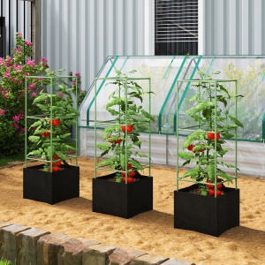 Outsunny 3 Packs Tomato Cages with 13.5 Gallon Grow Bags, Adjustable Square Plant Support Trellis