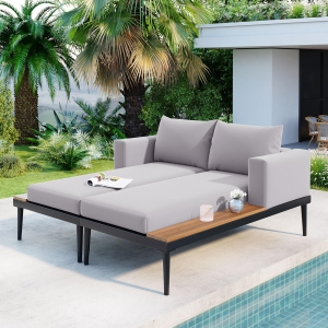 2 In 1 Outdoor Daybed with Wood Side Table for Patio, Convertible Padded Chaise Lounge with Adjustable Leg, 59" L x 55" W x 21" H, Gray