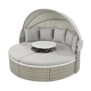 Round Rattan Patio Daybed with Retractable Canopy and Table, Versatile Sunbed with Separate Garden Seating, 66.5" L x 65" W x 53.5" H, Gray