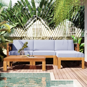 Casual Outdoor Sectional Sofa with Wood Frame & Cushions, Patio Seating Group for Backyard, 25.5" L x 25.5" W x 25.5" H, Natural+Gray