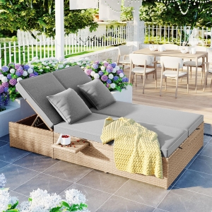 Outdoor Patio Sunbed with Adjustable Backrest & Side Tray, Wicker Rattan Lounger with Thick Cushion, 47" L x 29.5" W x 15" H, Brown
