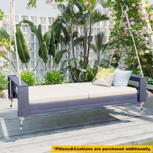 Twin Size Outdoor Porch Swing Bed with 400 LBS Capacity, Acacia Wood Swing Frame for Garden & Patio, 86'' L x 41.5'' W x 17.5'' H, Gray