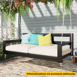Twin Size Porch Swing Daybed with 4 Hanging Ropes and High Back, Acacia Wood Swing Bench for Garden, 82'' L x 40.5'' W x 27.5'' H, Black