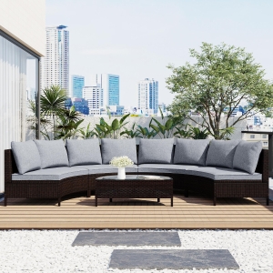 5 Piece Half-Moon Patio Sectional with Glass Table, All-Weather Wicker Sofa with Thick Cushions, 47.5" L x 27" W x 27" H, Grey