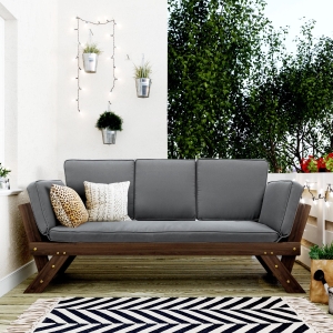 Expandable Acacia Wood Daybed with Cushions, Adjustable Patio Chaise Lounge for Compact Space, 78.5" L x 21.5" W x 32" H, Gray