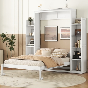 Full Size Murphy Bed with Shelves and LED Lights, Space-Saving Wall Bed with Flexible Slats, 87" L x 81" W x 83.5" H, White