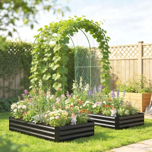 Outsunny Metal Raised Garden Bed with Trellis, Galvanized Garden Bed Kit Outdoor Garden Box with Trellis, Black
