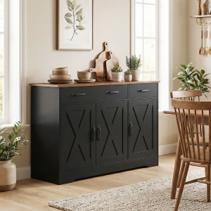 HOMCOM Sideboard Buffet Cabinet, 43" Farmhouse Kitchen Cabinet with 3 Barn Doors, 2 Drawers, 2 Adjustable Shelves, Black