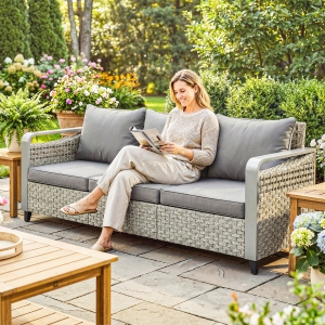 Outsunny Rattan Wicker Sofa 3-Seater Outdoor Couch with Cushions for Patio Garden Grey