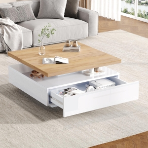 Square Rotating Coffee Table with Double-Layer Storage, Multi-Use Center Table for Living Area, 27.5'' L x 27.5'' W x 14'' H, White+Oak