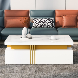 Minimalist Coffee Table with 2 Drawers and High-Gloss Finish, Multi-Use Side Table for Living Spaces, 39.5'' L x 19.5'' W x 15.5'' H, White