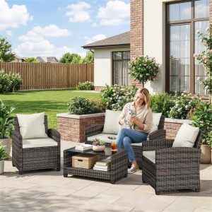 Outsunny 4-Piece Outdoor Wicker Patio Furniture Conversation Set, Includes Loveseat, Chairs and 2-Tier Table with Cushions, Modern Rattan Sofa Set for Backyard, Beige