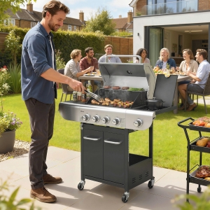 Outsunny 4 Burner Propane Gas Grill with Side Burner, 53,000 BTU BBQ Grill with Cast Iron Grates, Wheels, Warming Rack, Cabinet