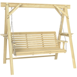 Outsunny 3 Seat Wooden Porch Swing with Stand, Patio Swing with Side Tables, for Garden, Poolside, Backyard, Natural Wood