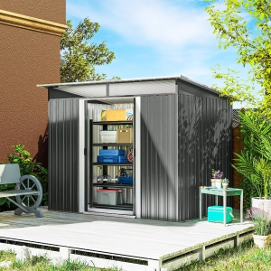 Outsunny 9' x 6.5' Outdoor Metal Garden Shed Utility Tool Storage Steel Backyard House, Dark Grey