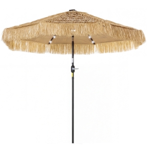 Outsunny 9 ft Hula Thatched Tiki Patio Umbrella with LED Solar Light, Outdoor Umbrella with Crank, Tilt, UPF30+, Khaki