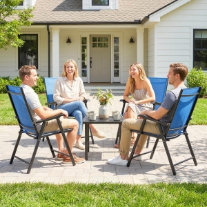 Outsunny Folding Patio Chairs Set of 4, High Back Outdoor Dining Chairs with Breathable Mesh Seat for Lawn, Deck, Blue