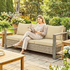 Outsunny 3-Seater Outdoor Couch, PE Wicker Patio Sofa with Deep Seat, Wood-Effect Aluminum Armrests, Cushions, Khaki